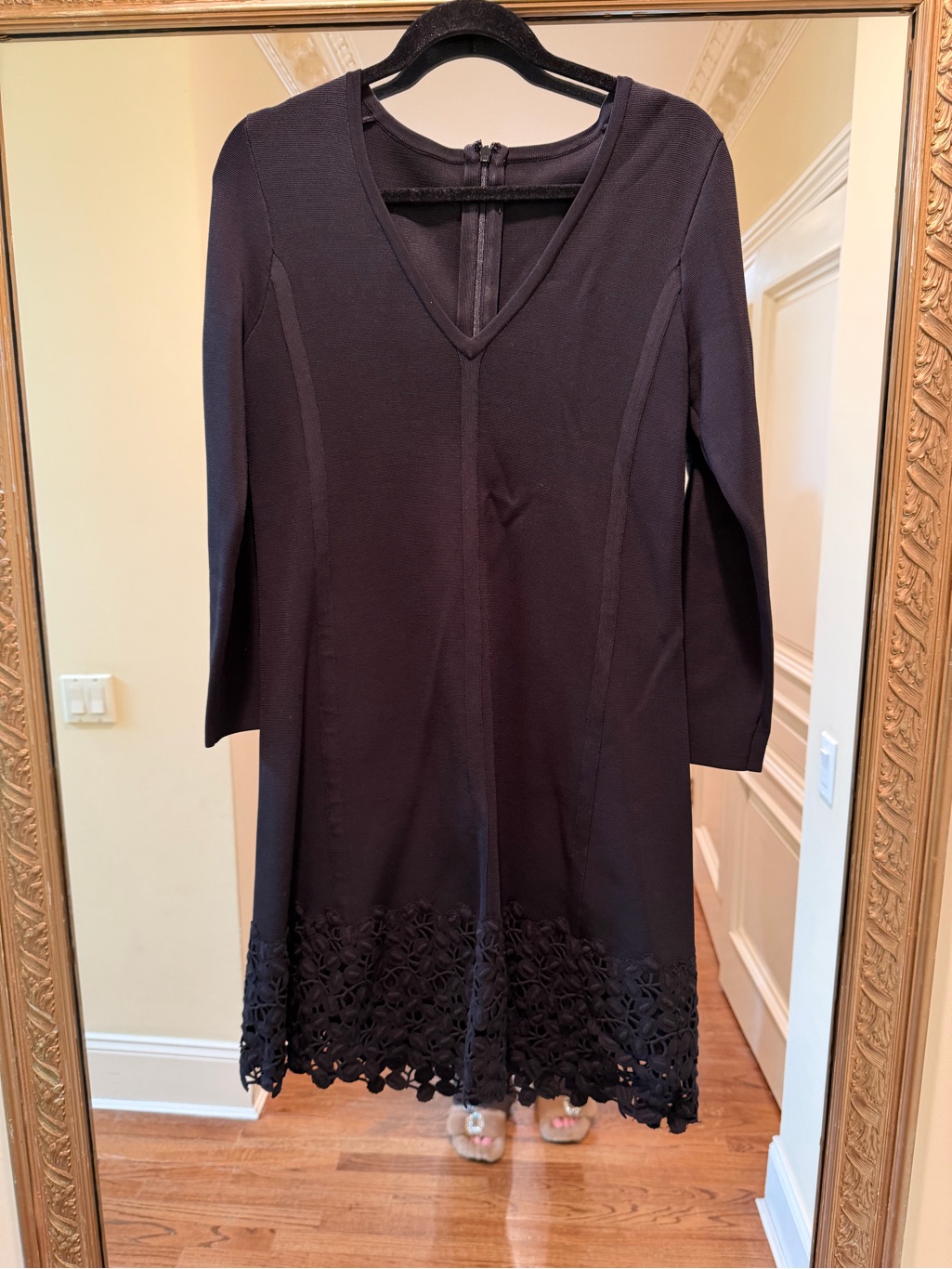 Lela Rose Classic V-Neck Black Dress With Lace Hem